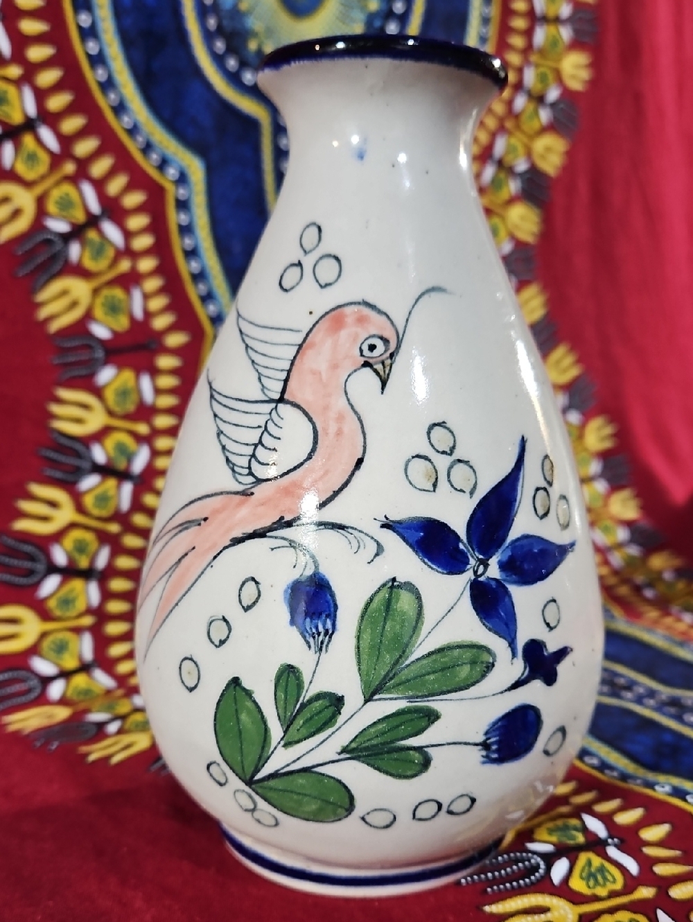 VTG Tonala Mexican Art Pottery Vase - Hand-Painted Bird & Floral Motif